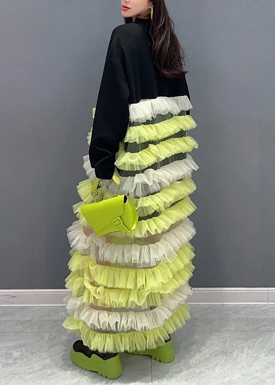 Beautiful Yellow O Neck Tulle Patchwork Fluffy Dresses Long Sleeve - Image 3