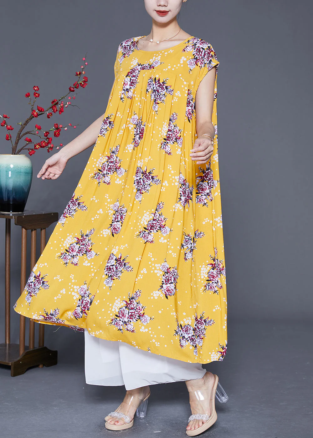 Beautiful Yellow Oversized Print Cotton Party Dress Summer - Image 3