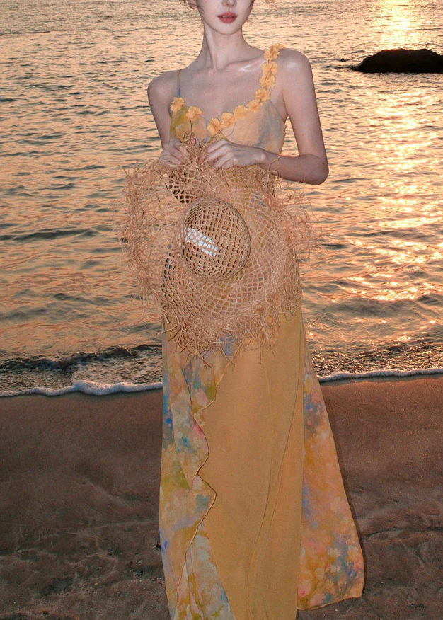 Beautiful Yellow Ruffled Print Chiffon Long Spaghetti Strap Dress Summer - Image 2