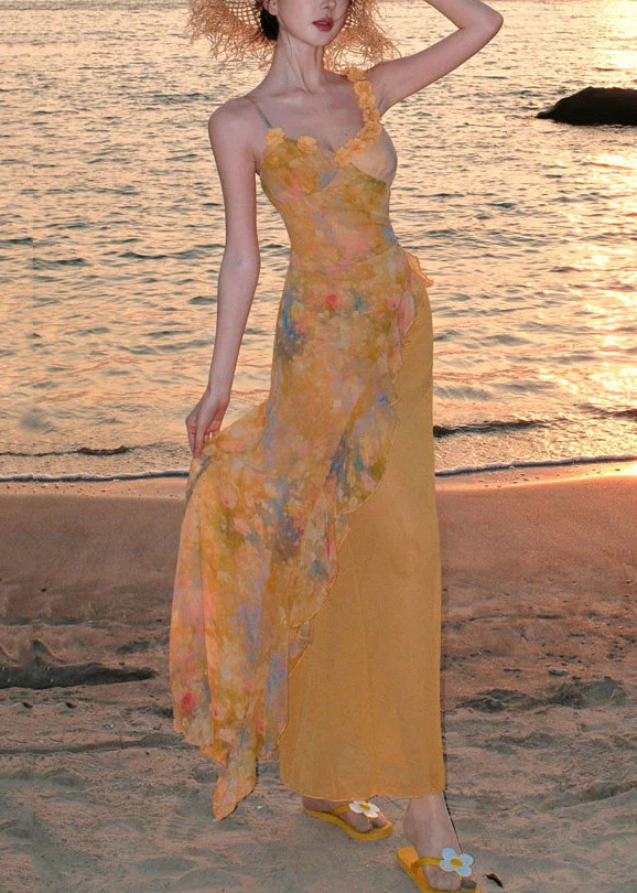 Beautiful Yellow Ruffled Print Chiffon Long Spaghetti Strap Dress Summer - Image 3