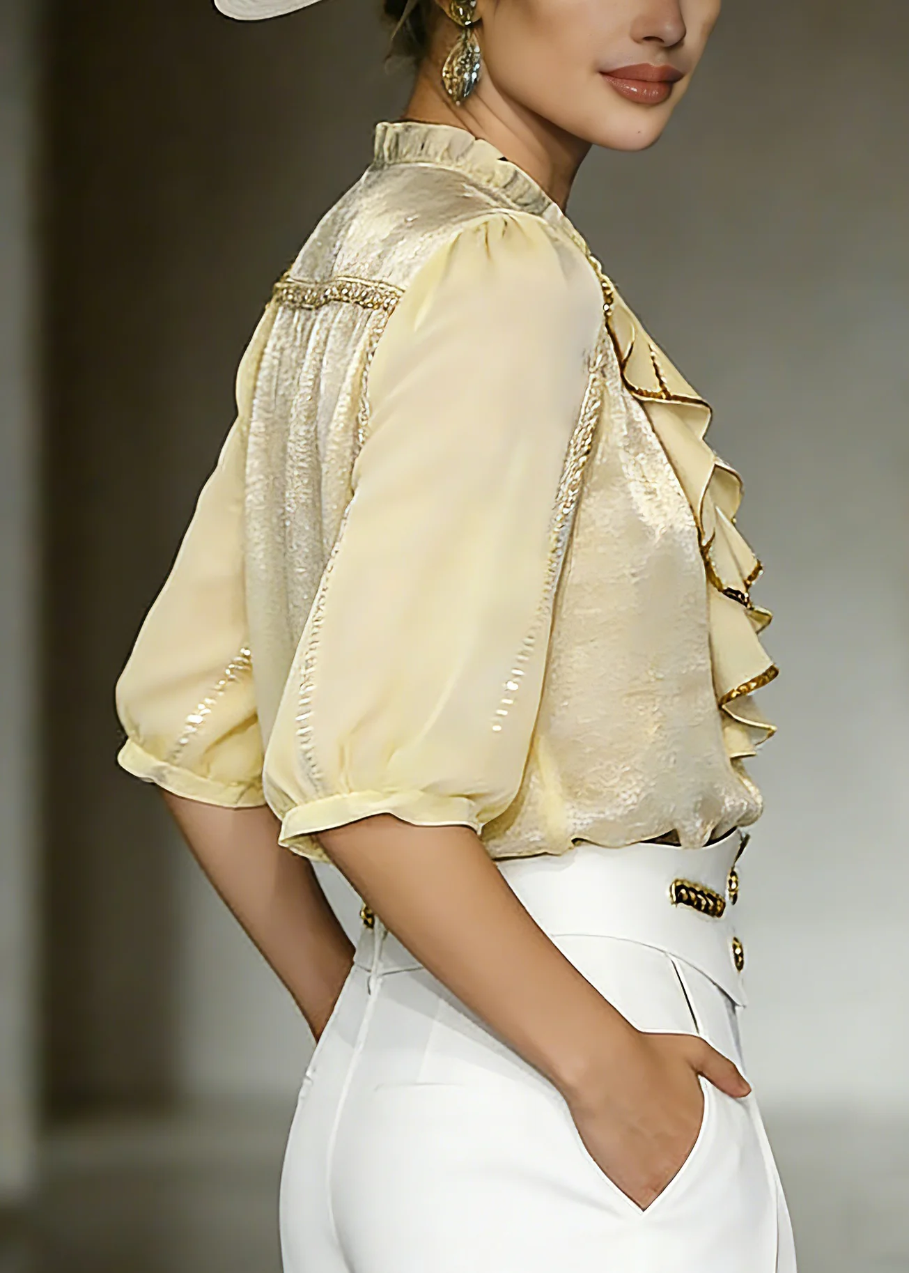Beautiful Yellow Stand Collar Ruffled Chiffon Shirt Summer - Image 2