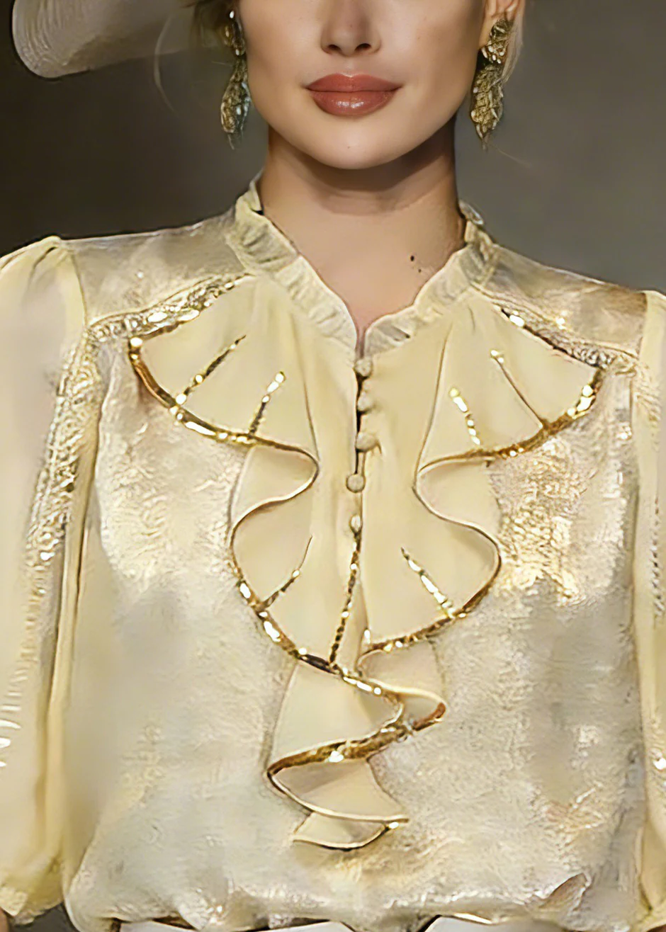 Beautiful Yellow Stand Collar Ruffled Chiffon Shirt Summer - Image 3