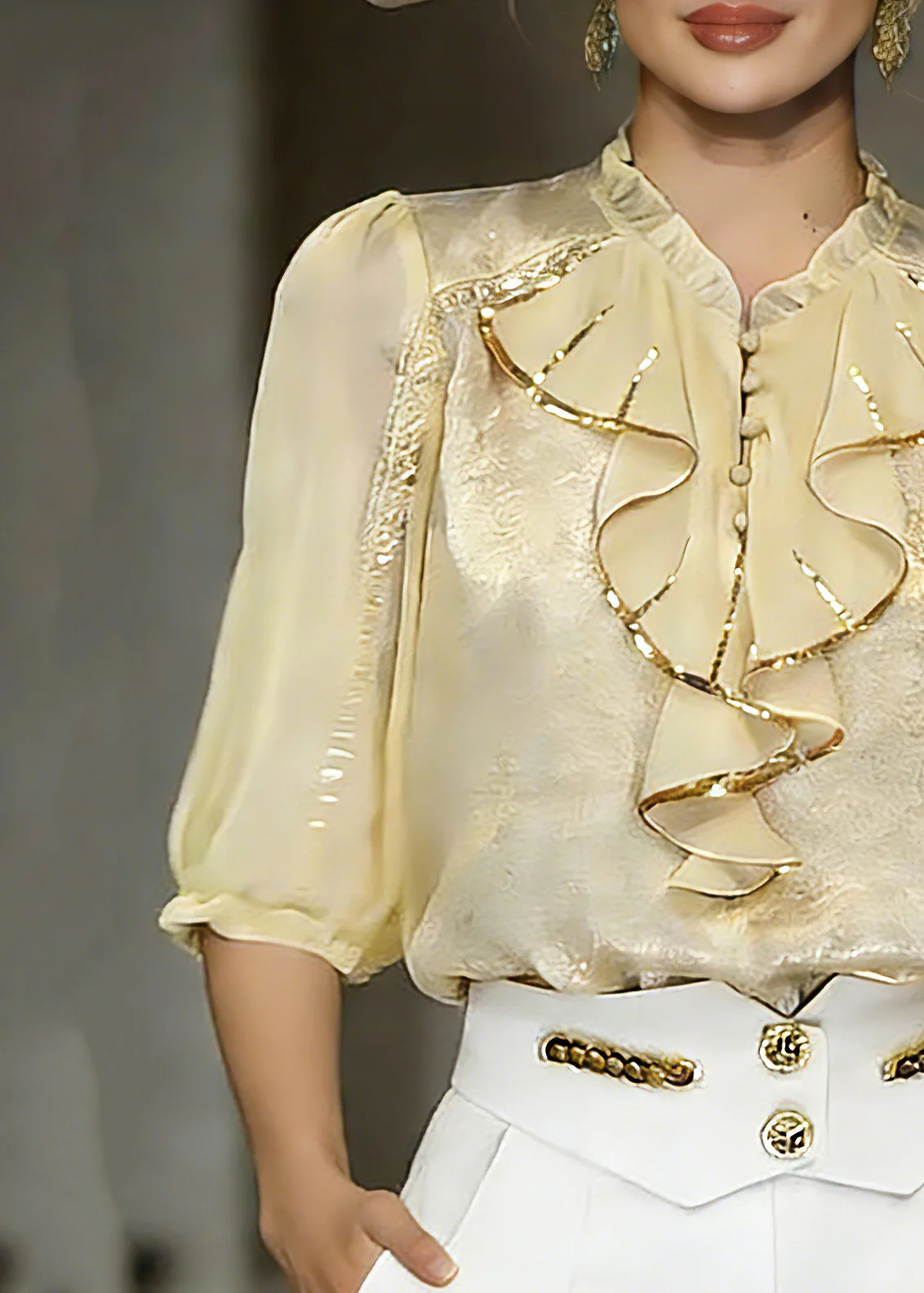 Beautiful Yellow Stand Collar Ruffled Chiffon Shirt Summer - Image 4