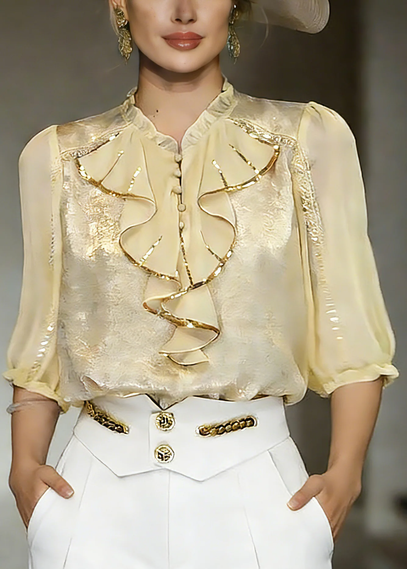 Beautiful Yellow Stand Collar Ruffled Chiffon Shirt Summer - Image 5
