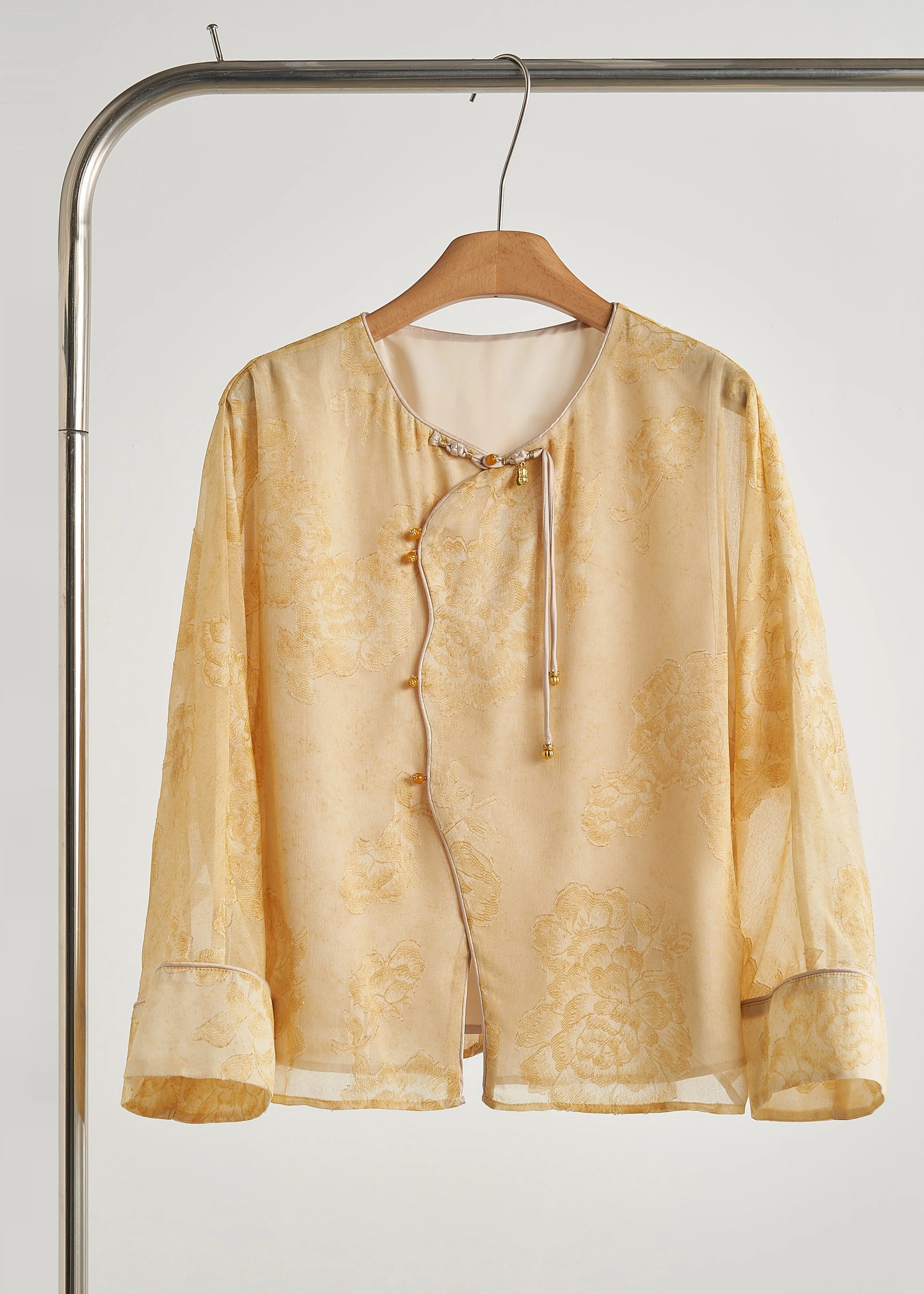 Beautiful Yellow Tasseled Print Silk Coats Fall - Image 2