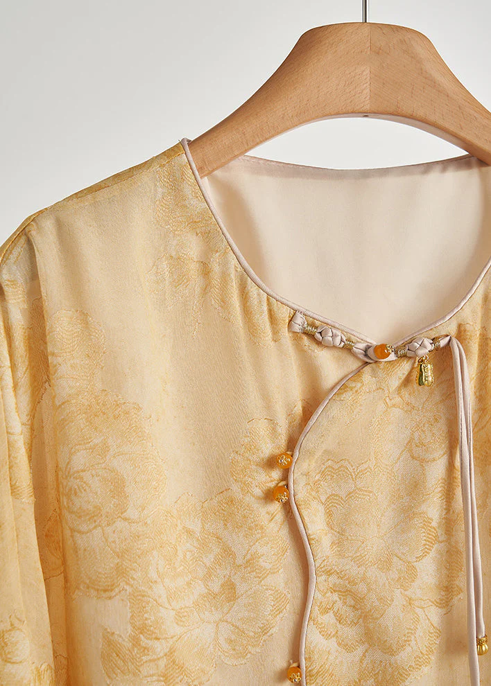 Beautiful Yellow Tasseled Print Silk Coats Fall - Image 3
