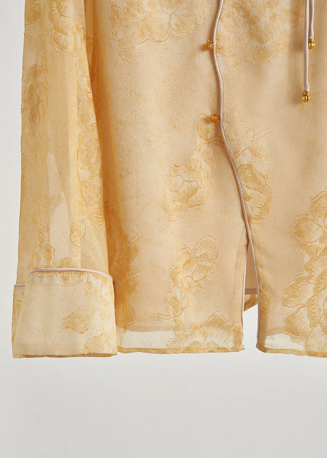 Beautiful Yellow Tasseled Print Silk Coats Fall - Image 5