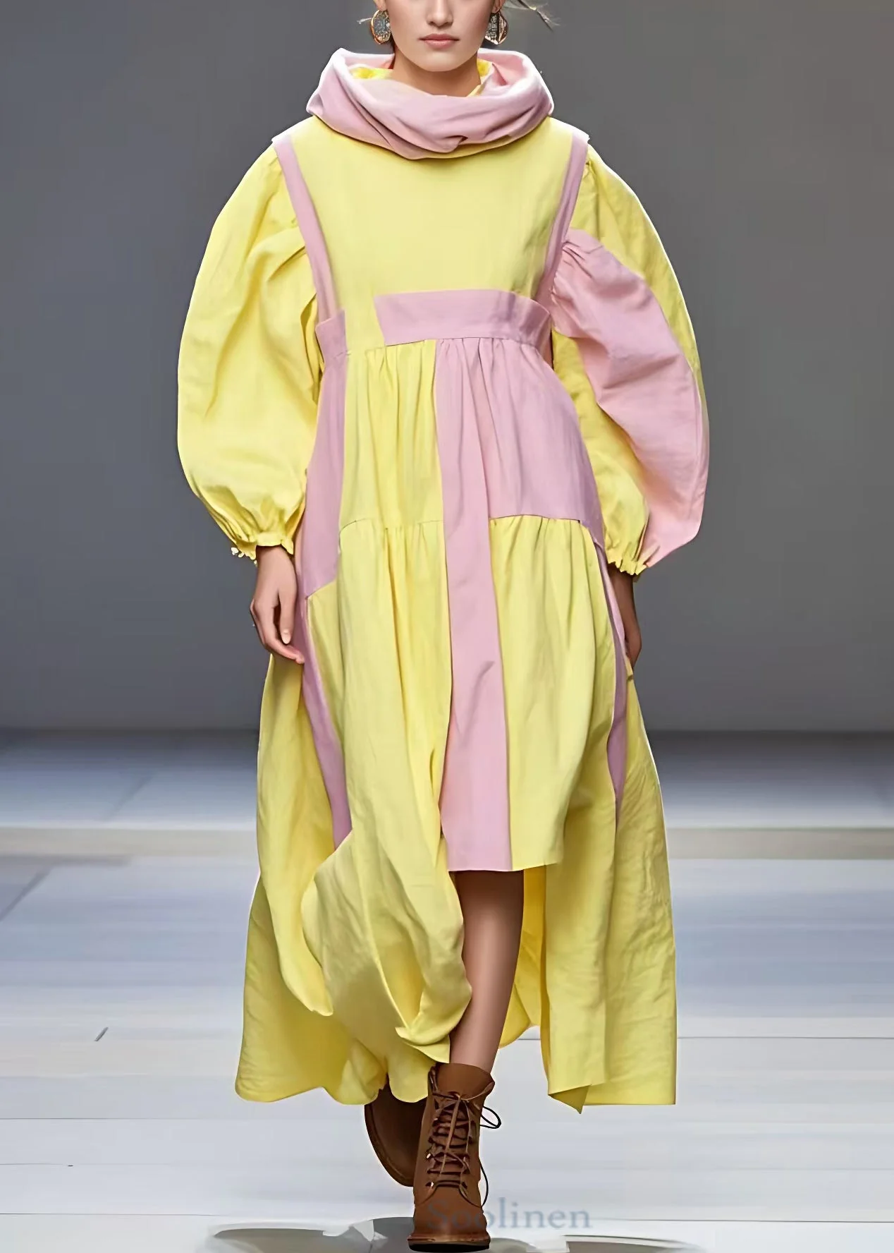 Beautiful Yellow Turtleneck Wrinkled Patchwork Cotton Dress Fall - Image 2