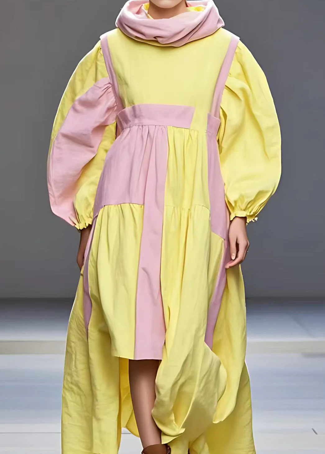 Beautiful Yellow Turtleneck Wrinkled Patchwork Cotton Dress Fall - Image 4