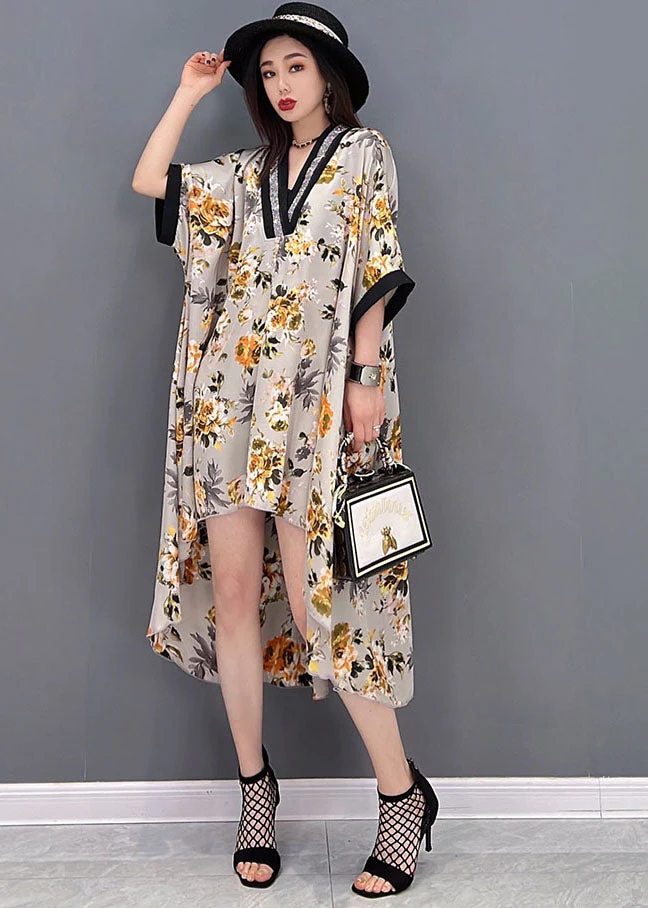 Beautiful Yellow V Neck Asymmetrical Print Chiffon Beach Dress Batwing Sleeve - Image 2
