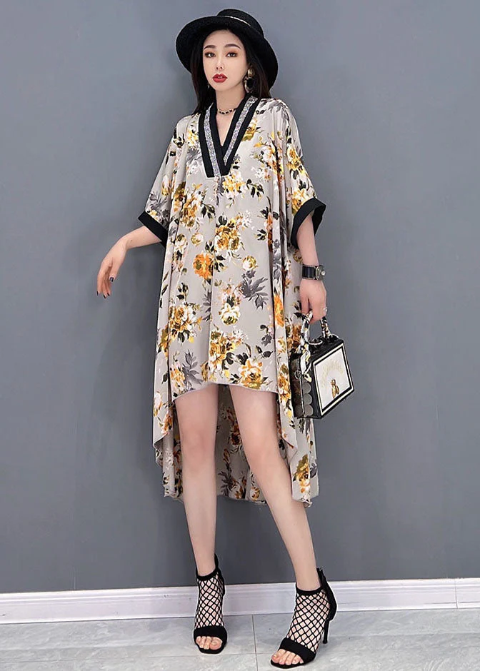Beautiful Yellow V Neck Asymmetrical Print Chiffon Beach Dress Batwing Sleeve - Image 3