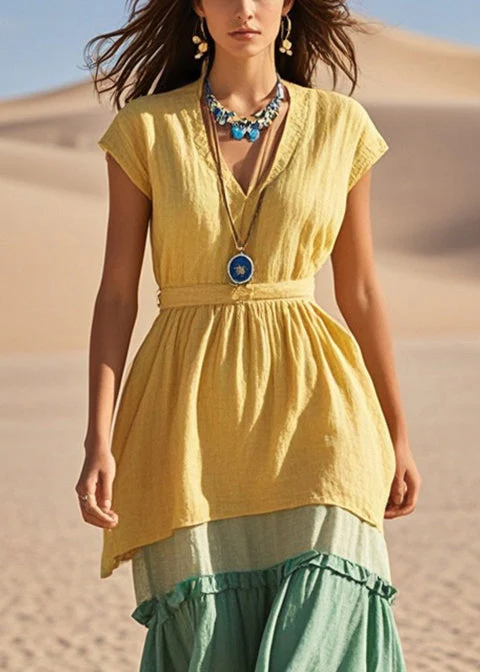 Beautiful Yellow V Neck Patchwork Cotton Vacation Dresses Summer - Image 2