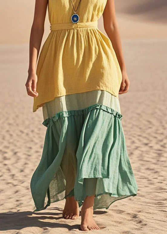 Beautiful Yellow V Neck Patchwork Cotton Vacation Dresses Summer - Image 4