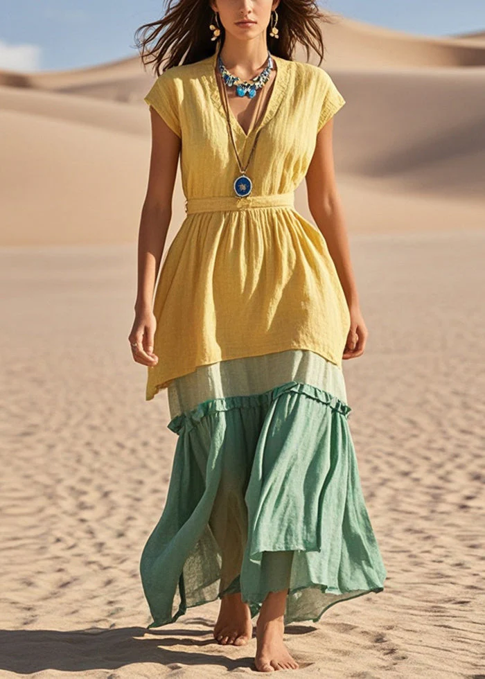 Beautiful Yellow V Neck Patchwork Cotton Vacation Dresses Summer - Image 5