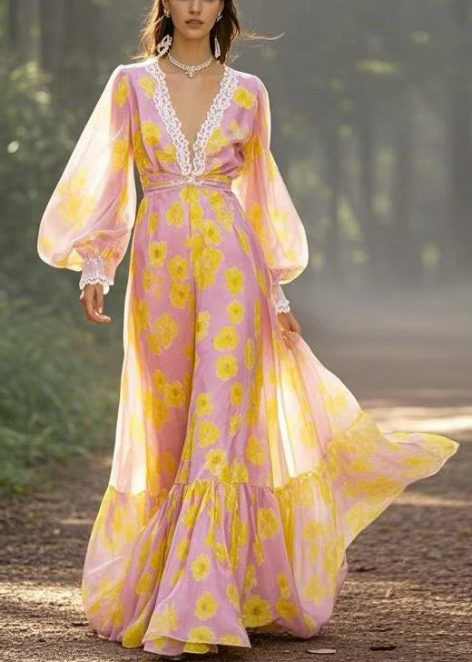 Beautiful Yellow V Neck Print Chiffon Maxi Dresses Spring - Image 5