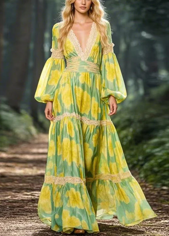 Beautiful Yellow V Neck Print Patchwork Chiffon Maxi Dress Spring - Image 3