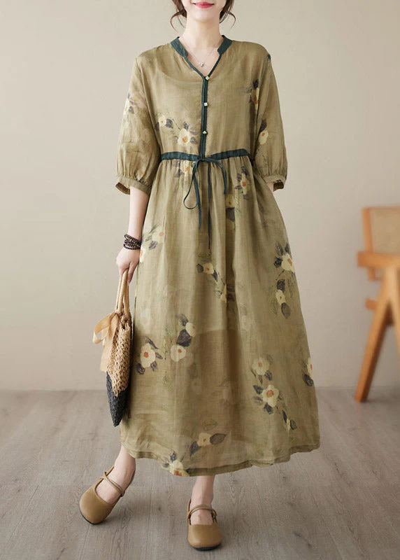 Beautiful Yellow V Neck Print Wrinkled Tie Waist Linen Long Dresses Summer - Image 2