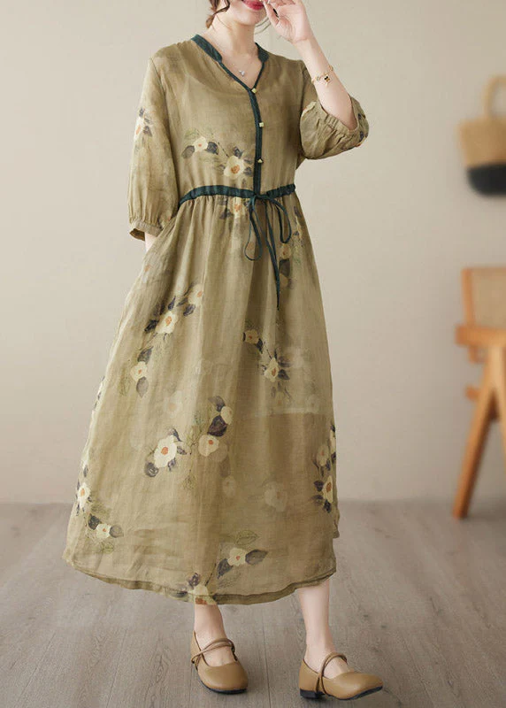 Beautiful Yellow V Neck Print Wrinkled Tie Waist Linen Long Dresses Summer - Image 3