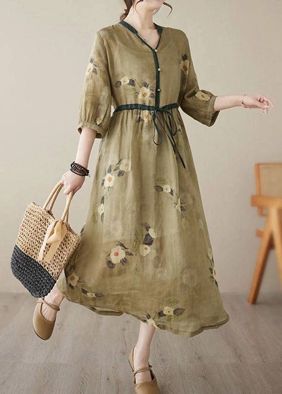 Beautiful Yellow V Neck Print Wrinkled Tie Waist Linen Long Dresses Summer - Image 4
