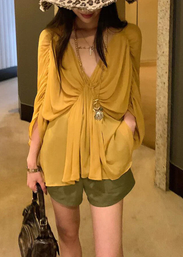 Beautiful Yellow V Neck Wrinkled Shirt Batwing Sleeve - Image 2