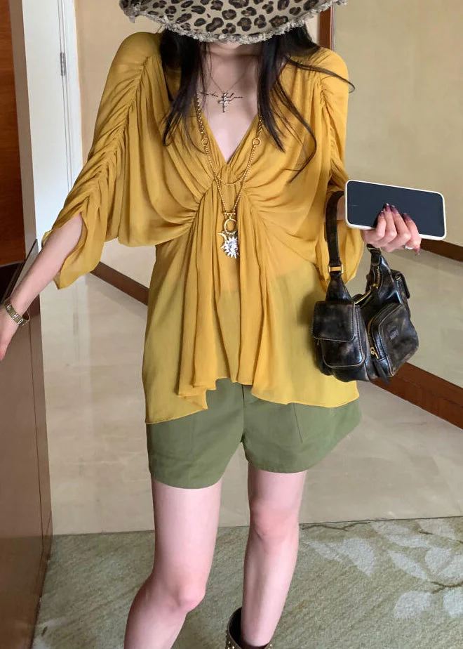 Beautiful Yellow V Neck Wrinkled Shirt Batwing Sleeve - Image 3