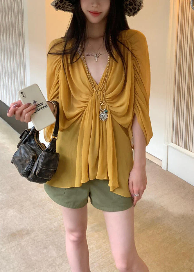 Beautiful Yellow V Neck Wrinkled Shirt Batwing Sleeve - Image 4