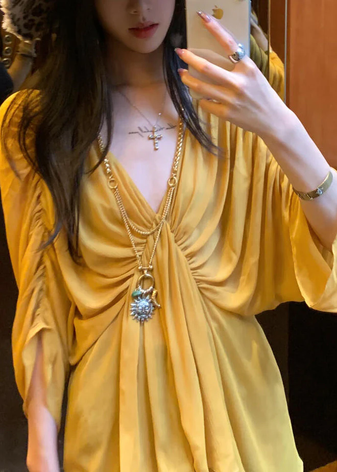 Beautiful Yellow V Neck Wrinkled Shirt Batwing Sleeve - Image 5