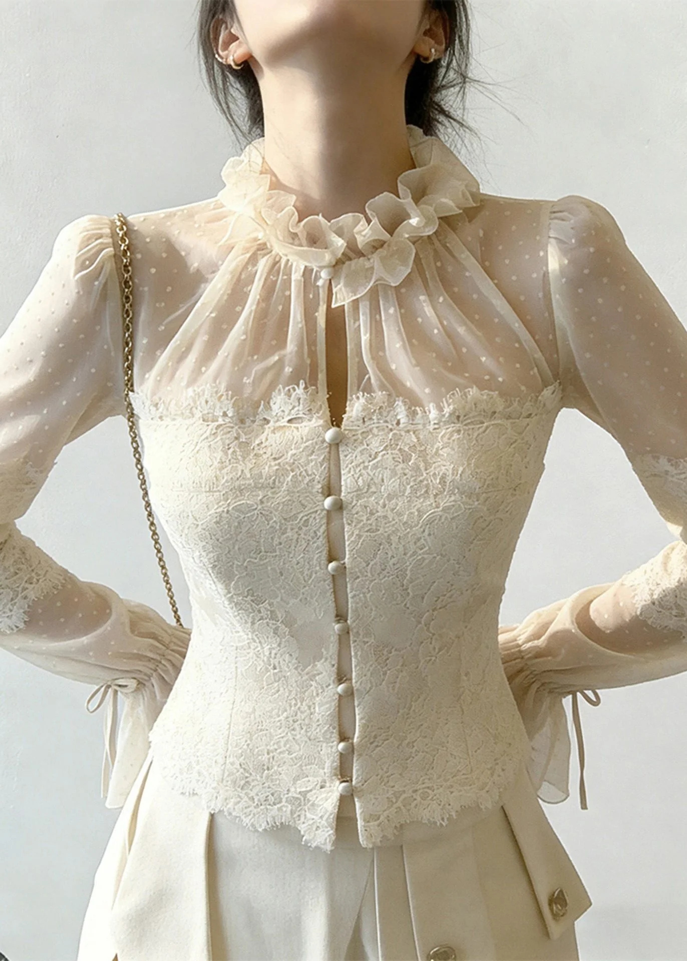 Beige Button Lace Patchwork Blouse Ruffled Flare Sleeve - Image 2