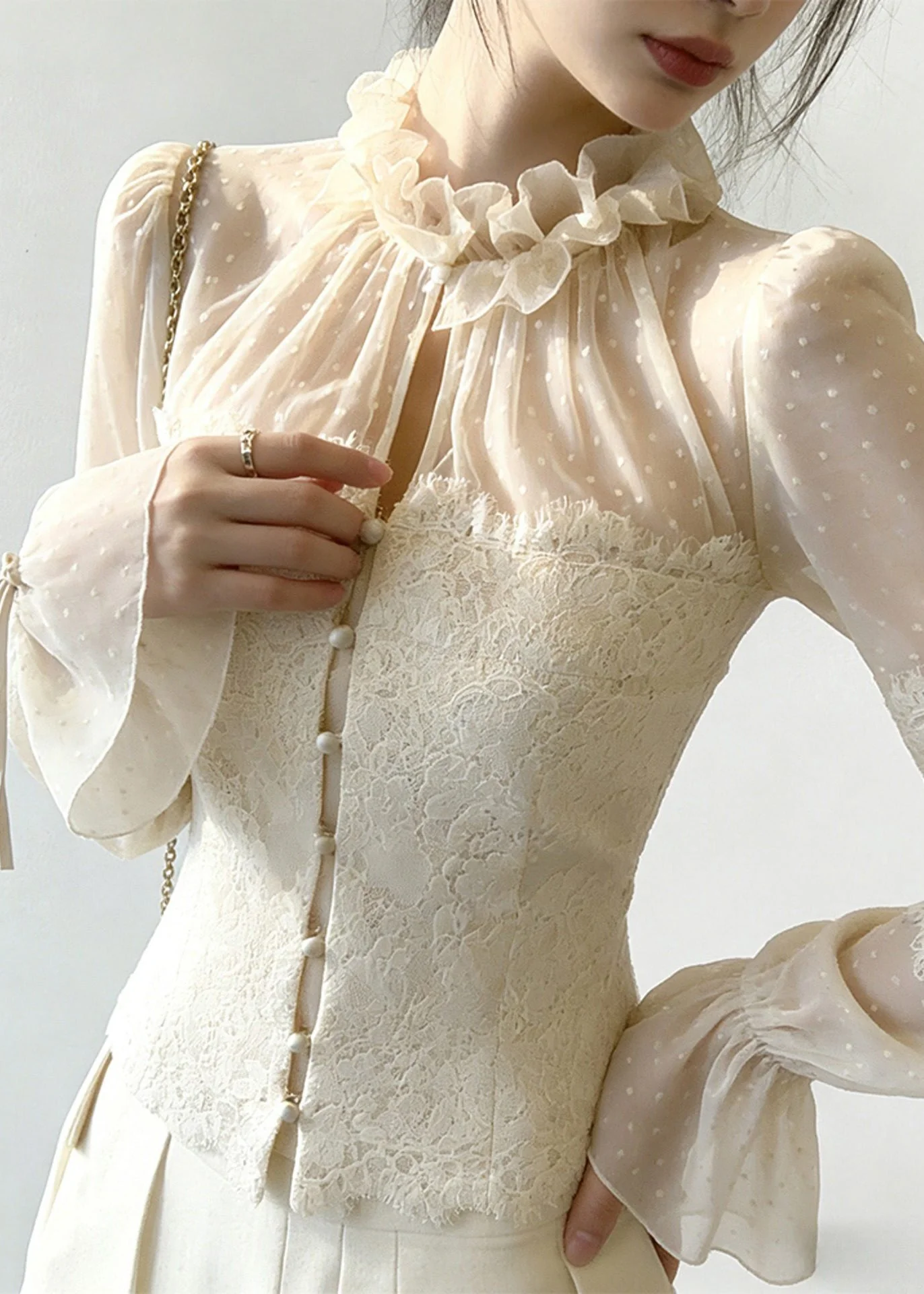 Beige Button Lace Patchwork Blouse Ruffled Flare Sleeve - Image 3