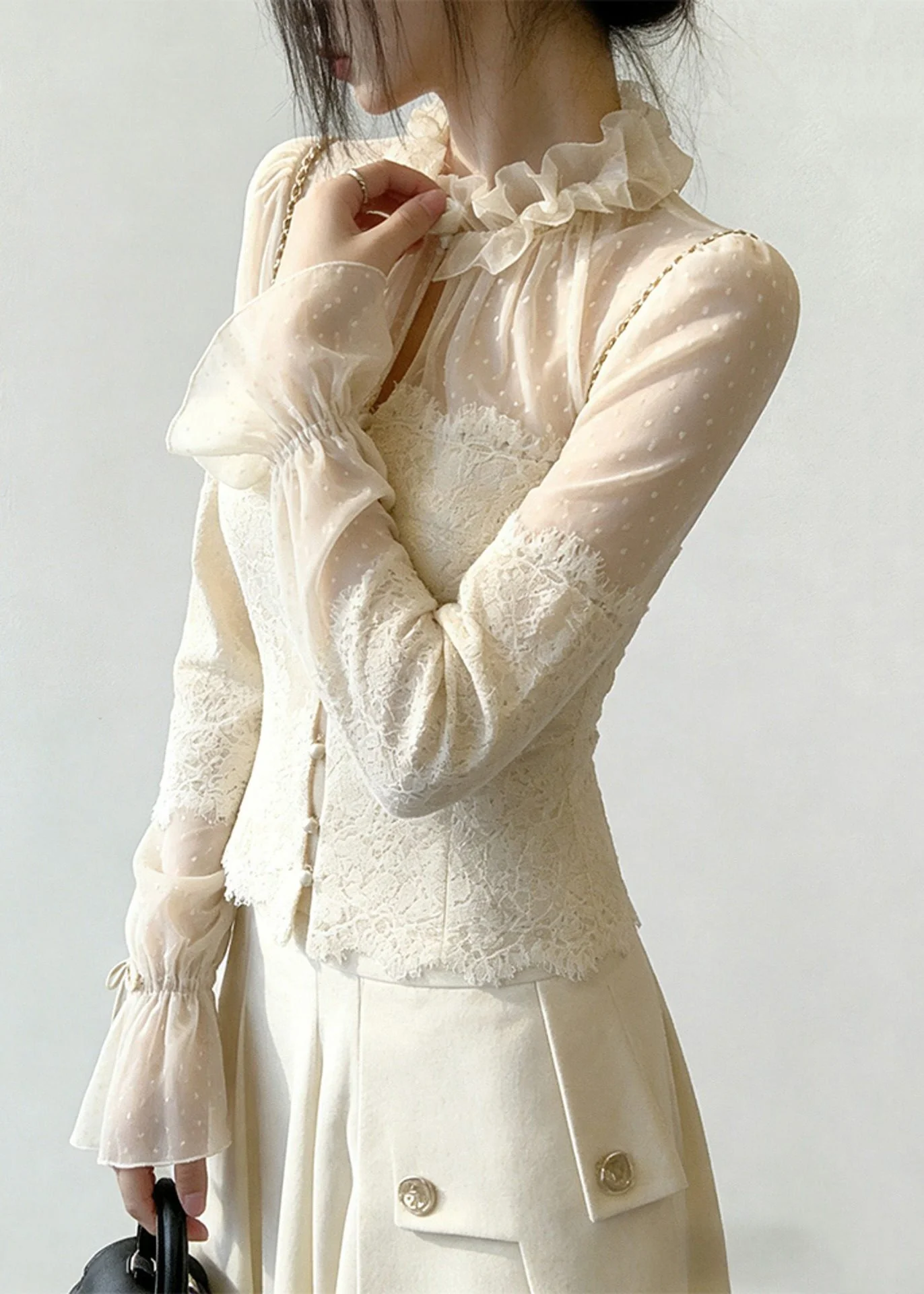 Beige Button Lace Patchwork Blouse Ruffled Flare Sleeve - Image 4