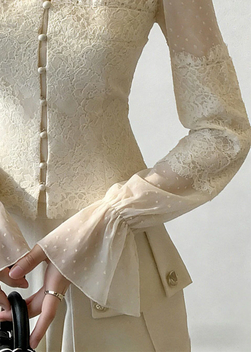 Beige Button Lace Patchwork Blouse Ruffled Flare Sleeve - Image 5
