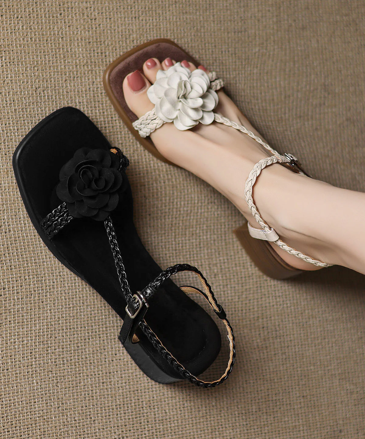 Beige Floral Cowhide Leather Splicing Boho Chunky Sandals - Image 4