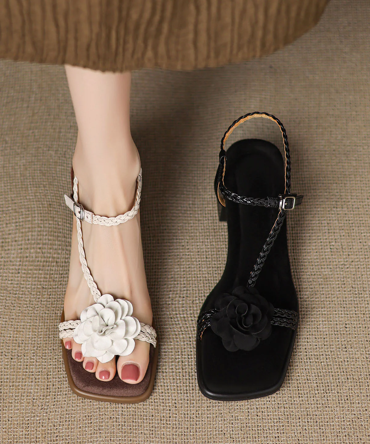 Beige Floral Cowhide Leather Splicing Boho Chunky Sandals - Image 5