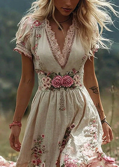 Beige Floral High Waist Patchwork Cotton Long Dress V Neck Summer - Image 2