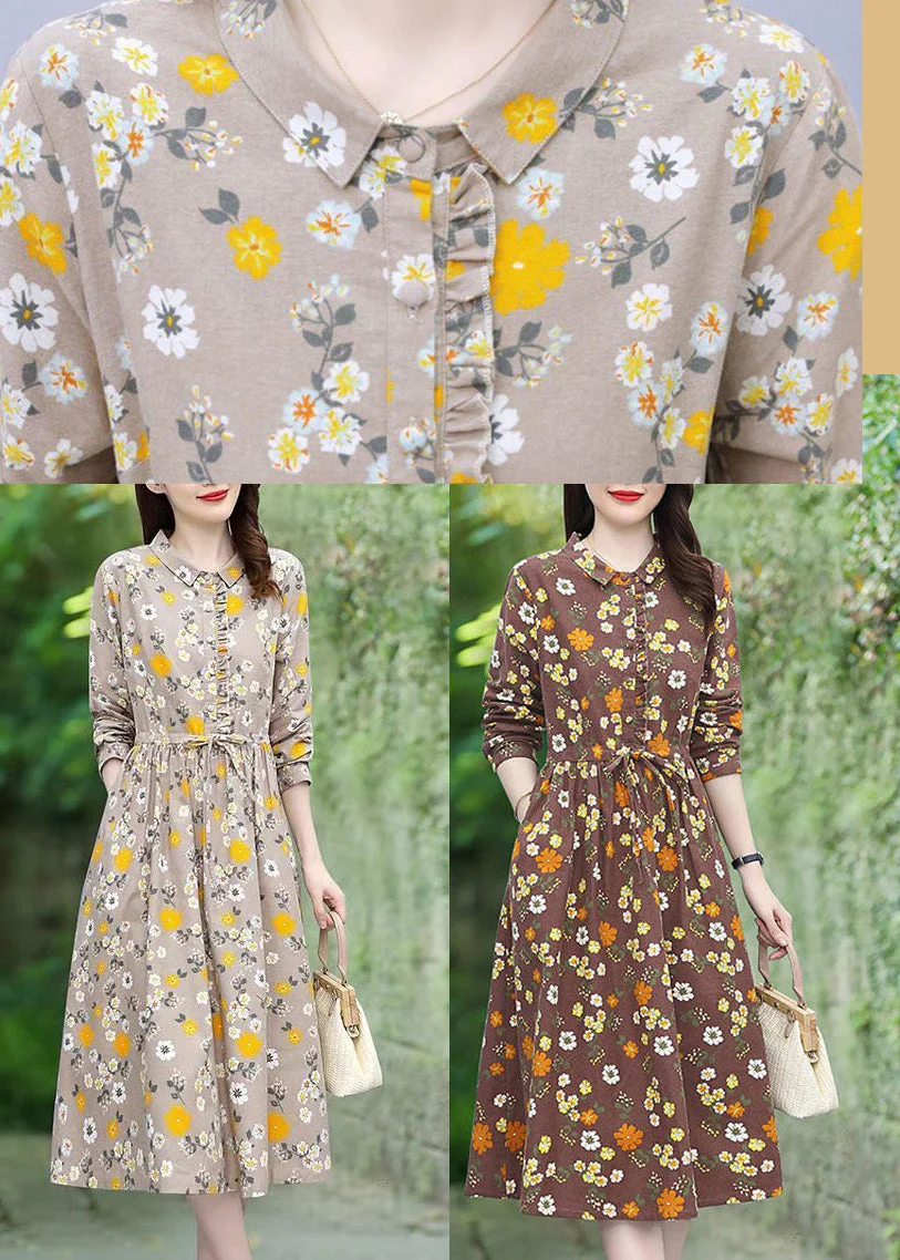 Beige Floral Print Cotton Long Dress Tie Waist Spring - Image 5