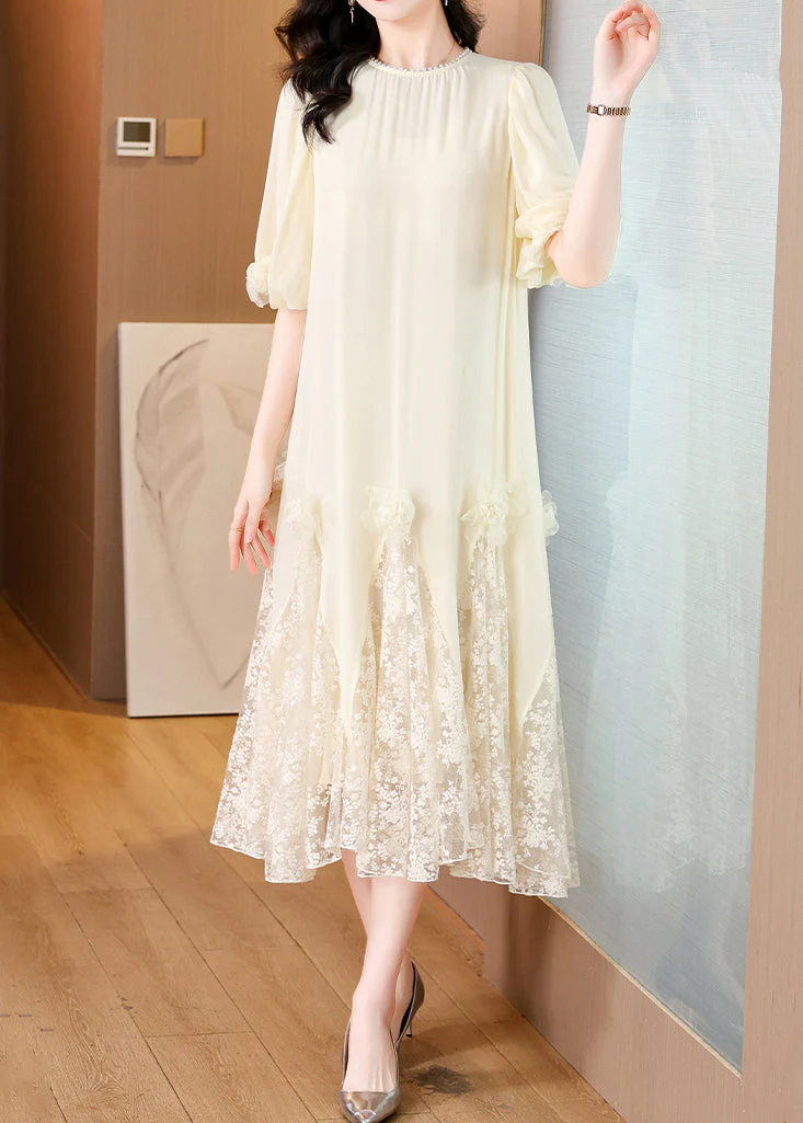 Beige FloralLace Patchwork Long Dresses O-Neck Summer - Image 2
