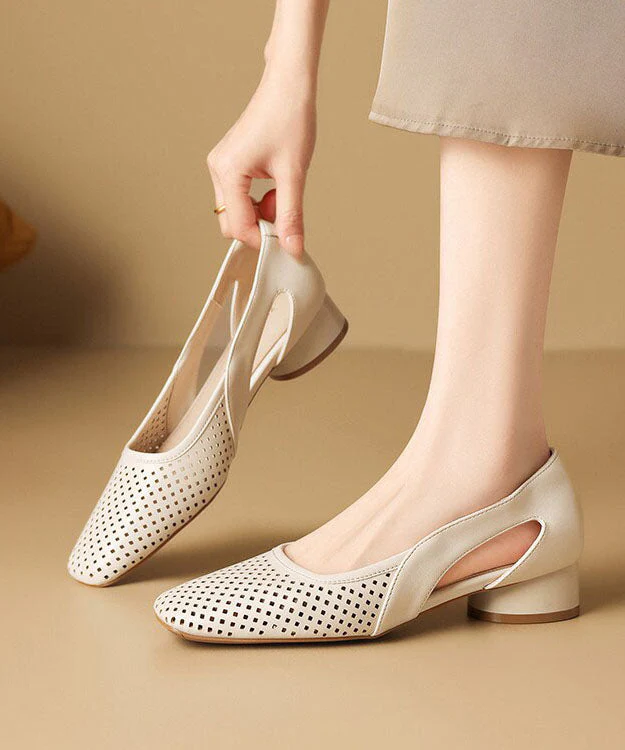 Beige Hollow Out Chunky Faux Leather Stylish Splicing Sandals