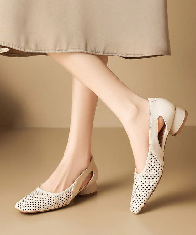 Beige Hollow Out Chunky Faux Leather Stylish Splicing Sandals - Image 5