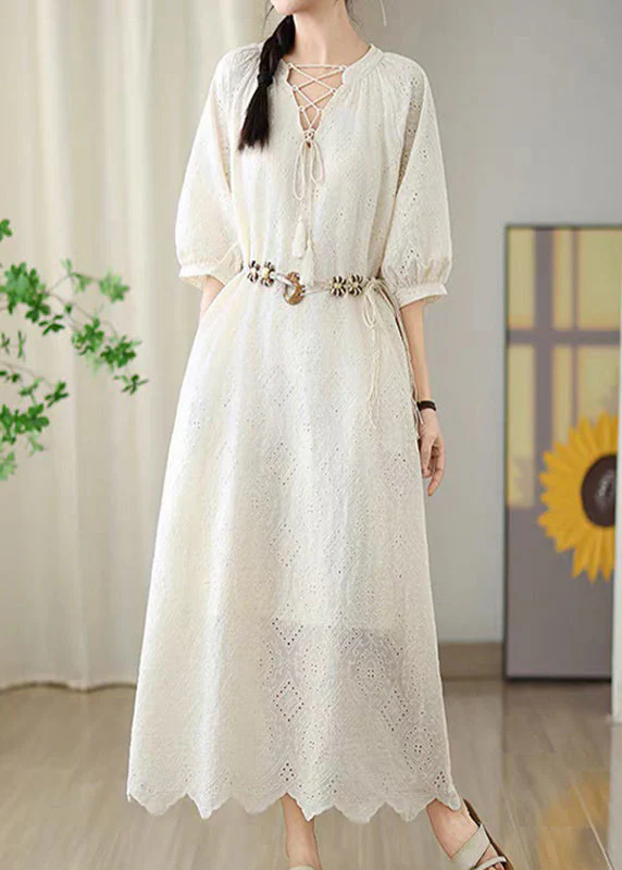 Beige Hollow Out Tassel Long Dress Short Sleeve - Image 2