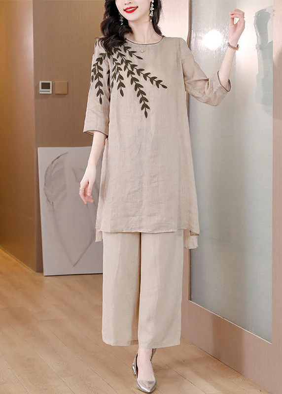 Beige Linen Dress Two Pieces Set Embroidered Side Open Summer - Image 2