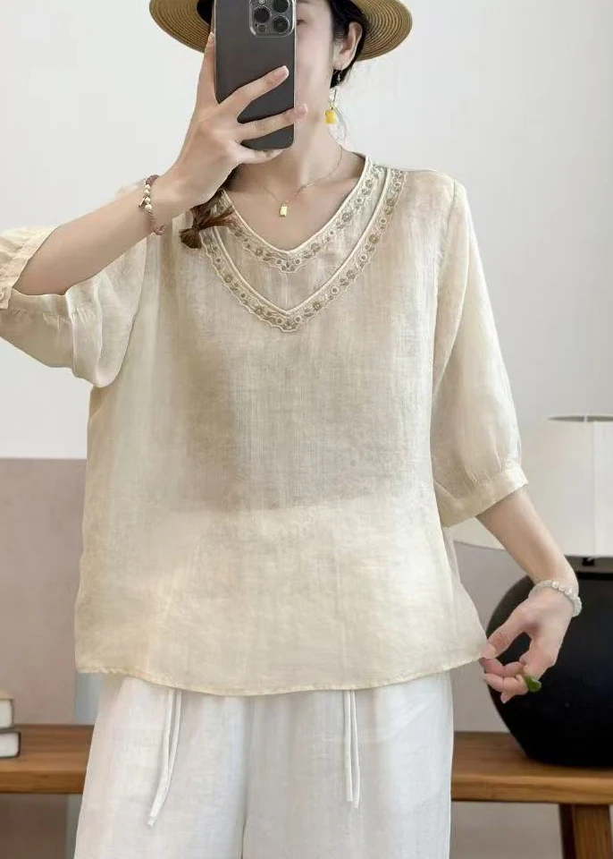 Beige Linen Shirt Tops Double-layer Embroidered Summer - Image 3