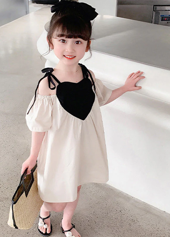 Beige Love Patchwork Cotton Girls Slip Mid Dress Summer - Image 2