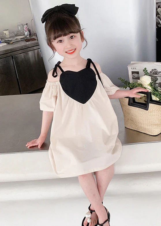 Beige Love Patchwork Cotton Girls Slip Mid Dress Summer - Image 3