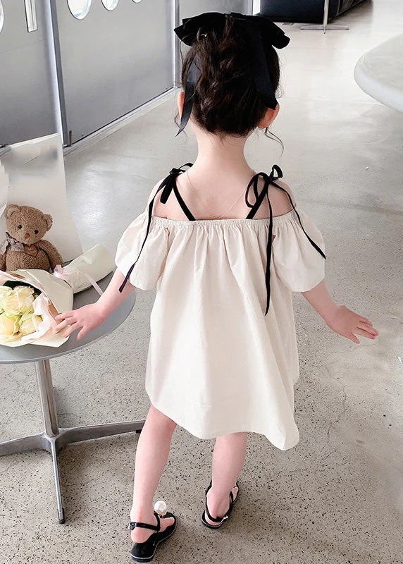 Beige Love Patchwork Cotton Girls Slip Mid Dress Summer - Image 4