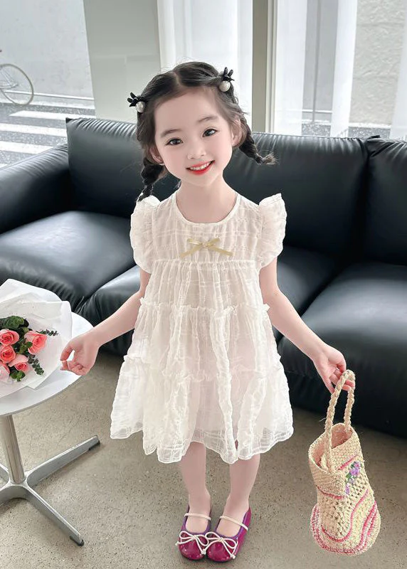 Beige O-Neck Bow Girls Maxi Dress Summer - Image 2