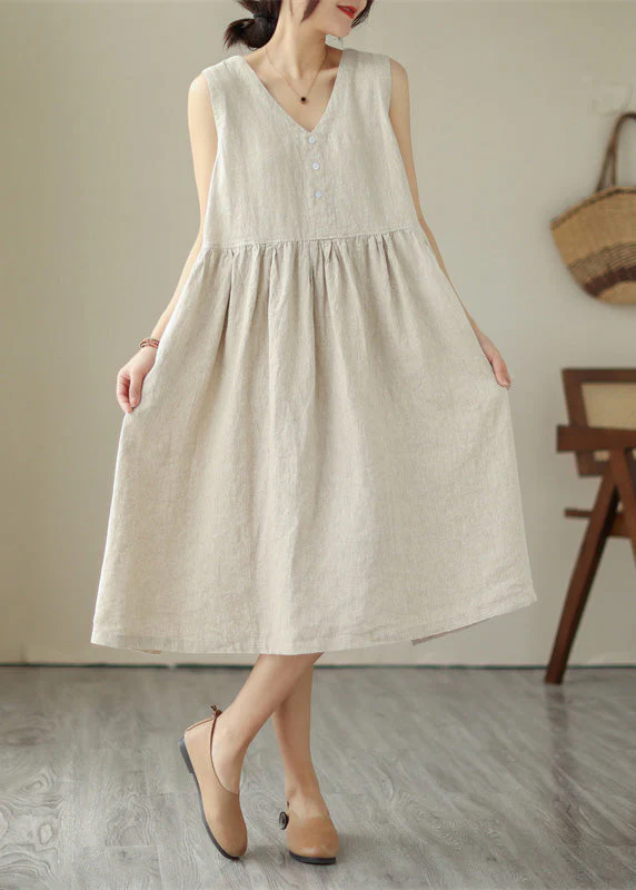 Beige O-Neck Solid Cotton Long Dress Sleeveless - Image 2