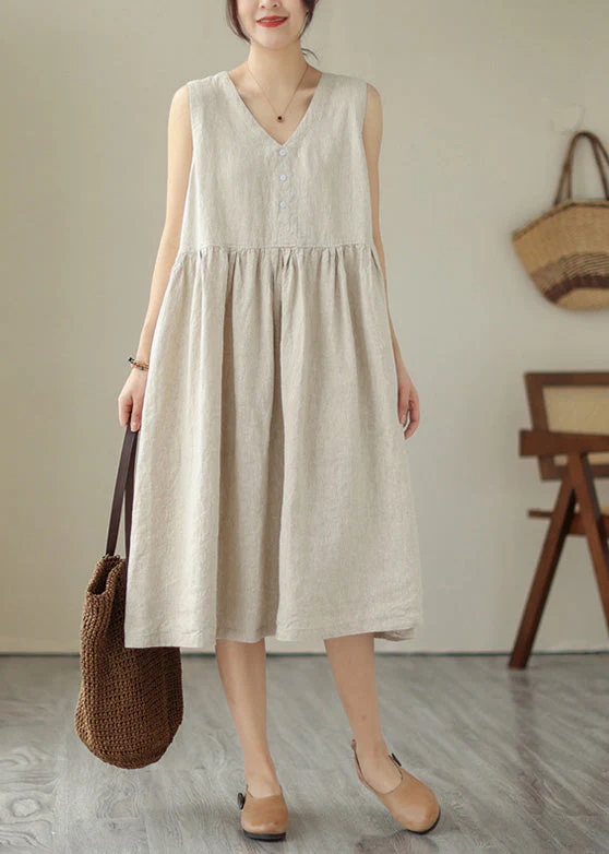 Beige O-Neck Solid Cotton Long Dress Sleeveless - Image 3