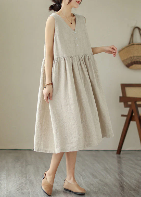 Beige O-Neck Solid Cotton Long Dress Sleeveless - Image 4