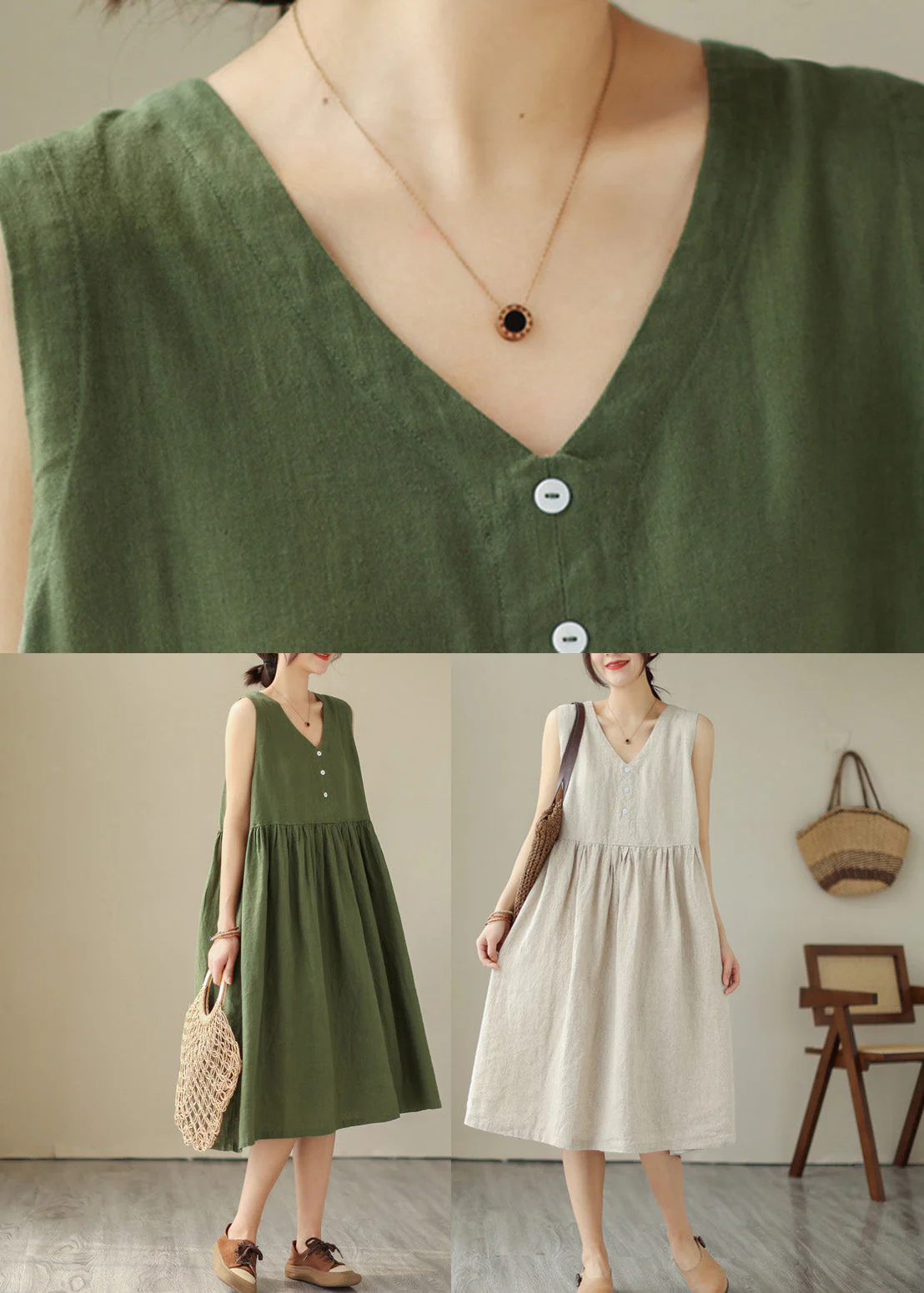 Beige O-Neck Solid Cotton Long Dress Sleeveless - Image 5