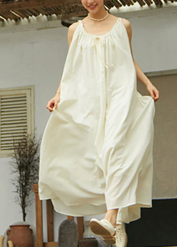 Beige O-Neck Wrinkled Cotton Maxi Spaghetti Strap Dress Sleeveless - Image 2